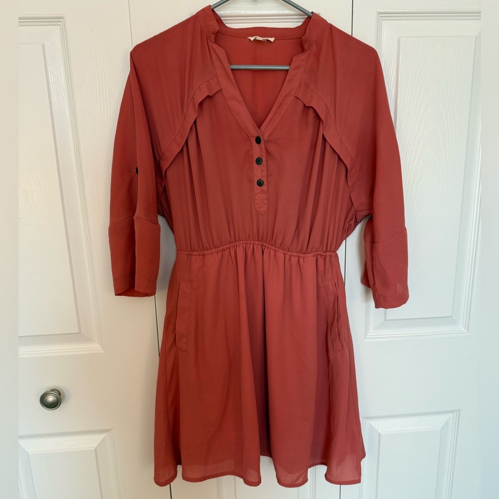 Love Riche Shirt Dress Dusty Rose Coral Women's Size Large 3/4 Sleeve Pockets